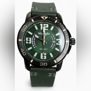 Wrangler Men’s Quartz Watch Green Dial Black Case Leather Strap New with Box